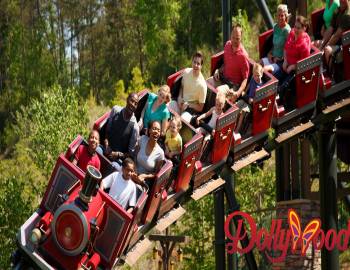 People on a wooden rollercoaster at Dollywood