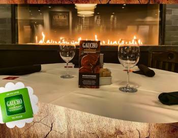 Restaurant table with two place settings and wine glasses