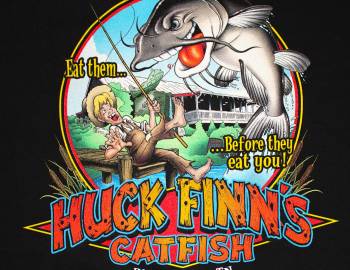 Logo of Huck Finn’s Catfish Restaurant with a black background