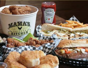 Variety of food from Mama's Chicken Kitchen, including fried chicken and biscuts
